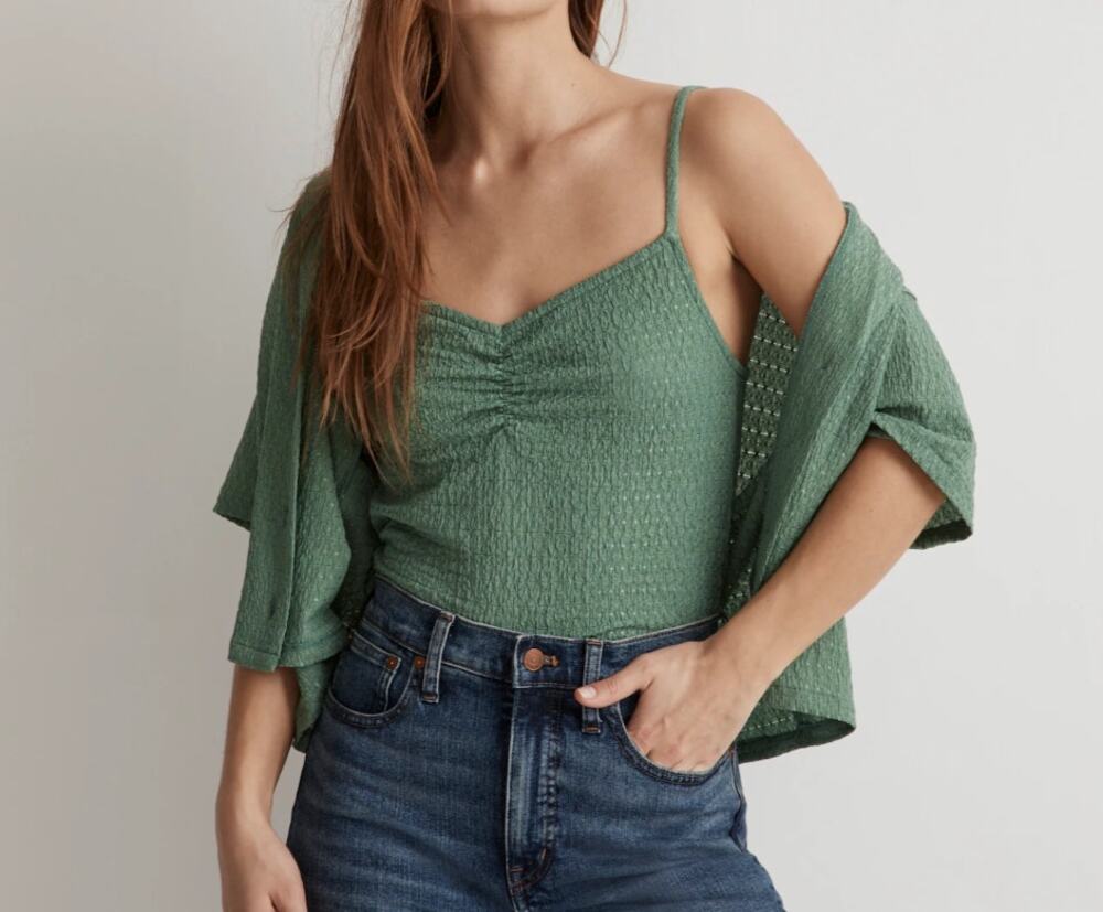 Madewell Textured Crinkled Ruched Cropped Cami Tank Top Trellis Green L